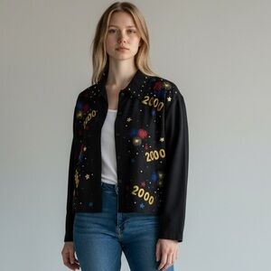 Paul Harris Design Black Fireworks 2000 Embroidered Y2K Jacket Women’s Small